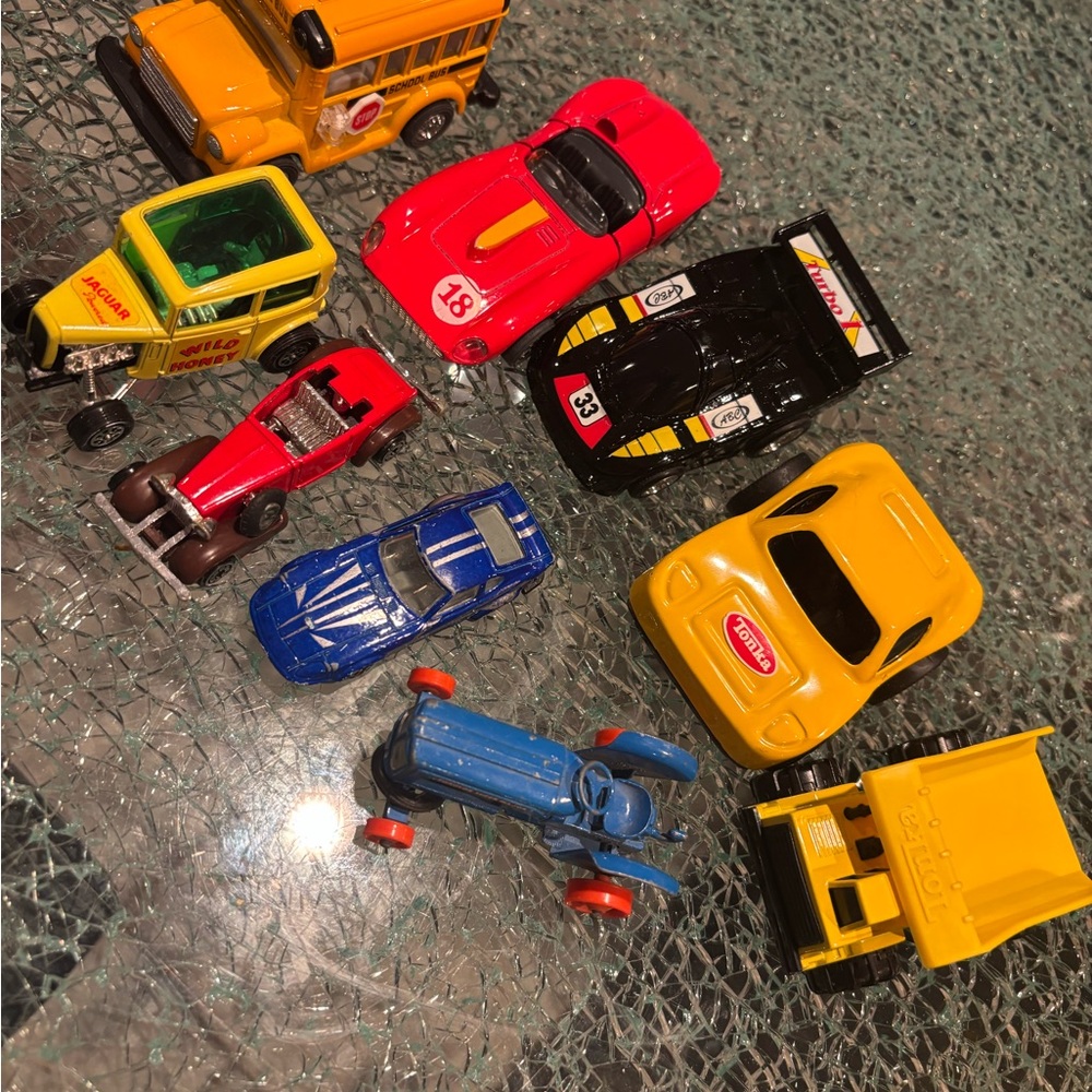 Toy Car Set with Red, Yellow, and Blue Vehicles